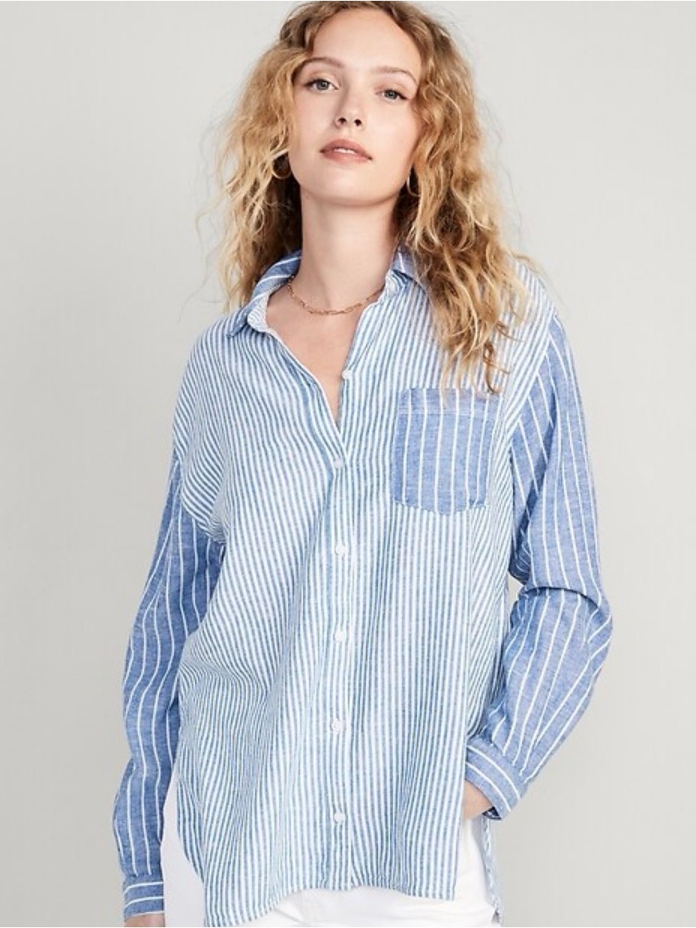NWOT Old Navy Blue and White Striped Boyfriend Button-Up Shirt